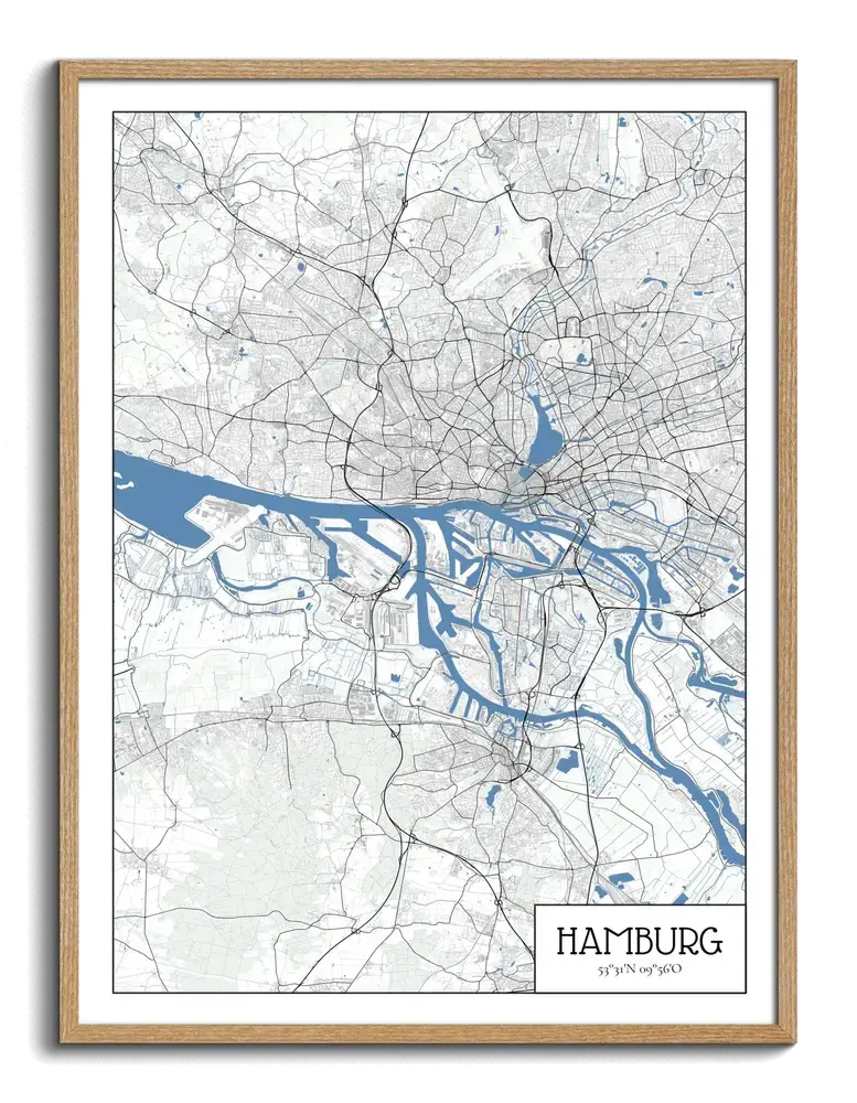Affiche de Hambourg façon plan d’architecte, avec l’Elbe en bleu et un cadre en bois naturel