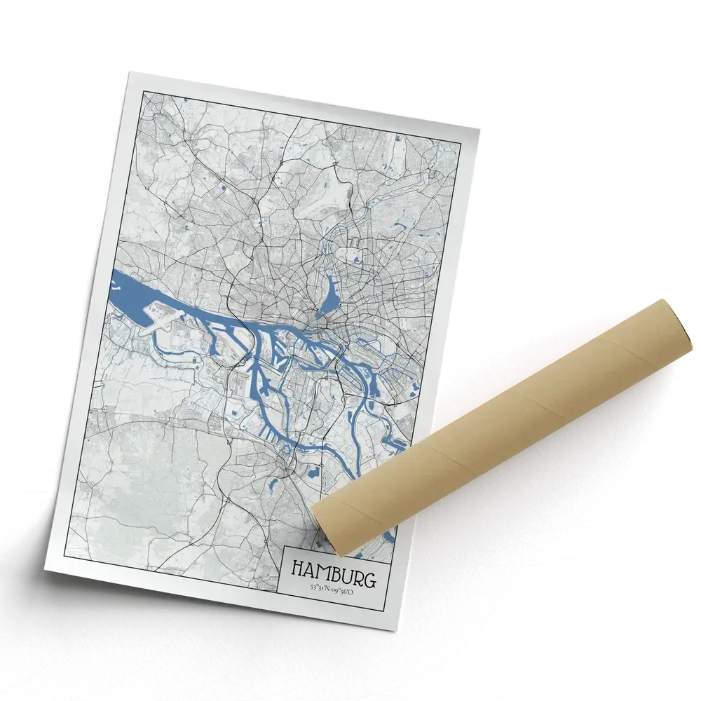 Poster de Hambourg façon plan d’architecte, sans cadre, présenté en biais près d’un tube d’expédition
