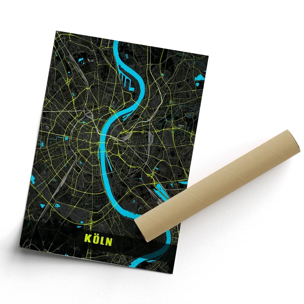 Poster du plan de Cologne aux couleurs néon sur fond sombre, sans cadre, présenté en biais avec un coin enroulé