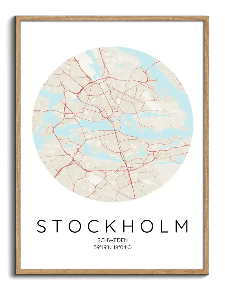 Affiche de Stockholm avec plan de ville en cercle et cours d’eau bleu clair, dans un cadre en bois naturel