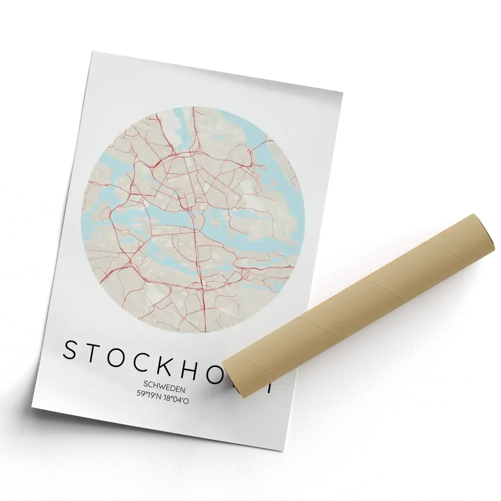Affiche de Stockholm sans cadre, avec plan de ville circulaire aux tons pastel et coin enroulé