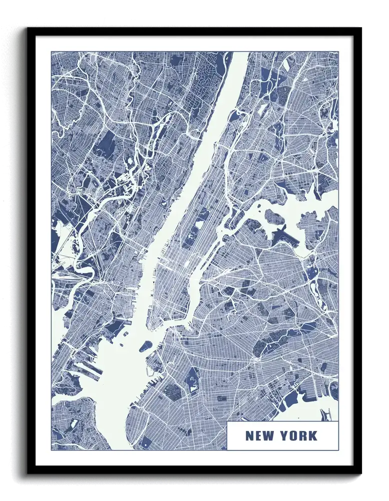 Affiche du plan de New York bleu et blanc, au style dessin technique, dans un cadre noir