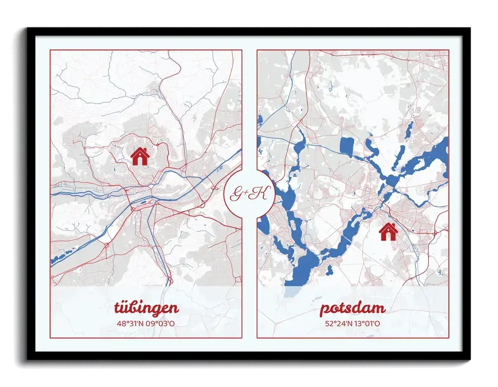 Affiche personnalisée de deux plans de ville avec repères maison rouges et initiales, dans un cadre noir