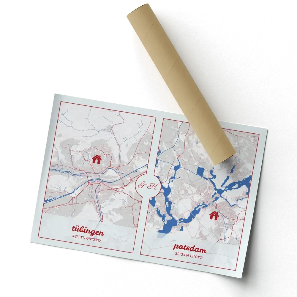 Poster sans cadre avec deux plans de ville, repères maison rouges et cours d’eau bleus, près d’un tube d’envoi