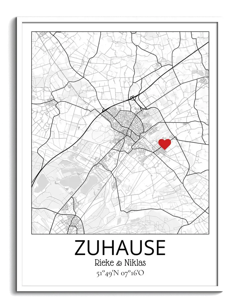 Personalisierte Stadtkarte mit rotem Herz im weißen Rahmen als Geschenk zum Einzug
