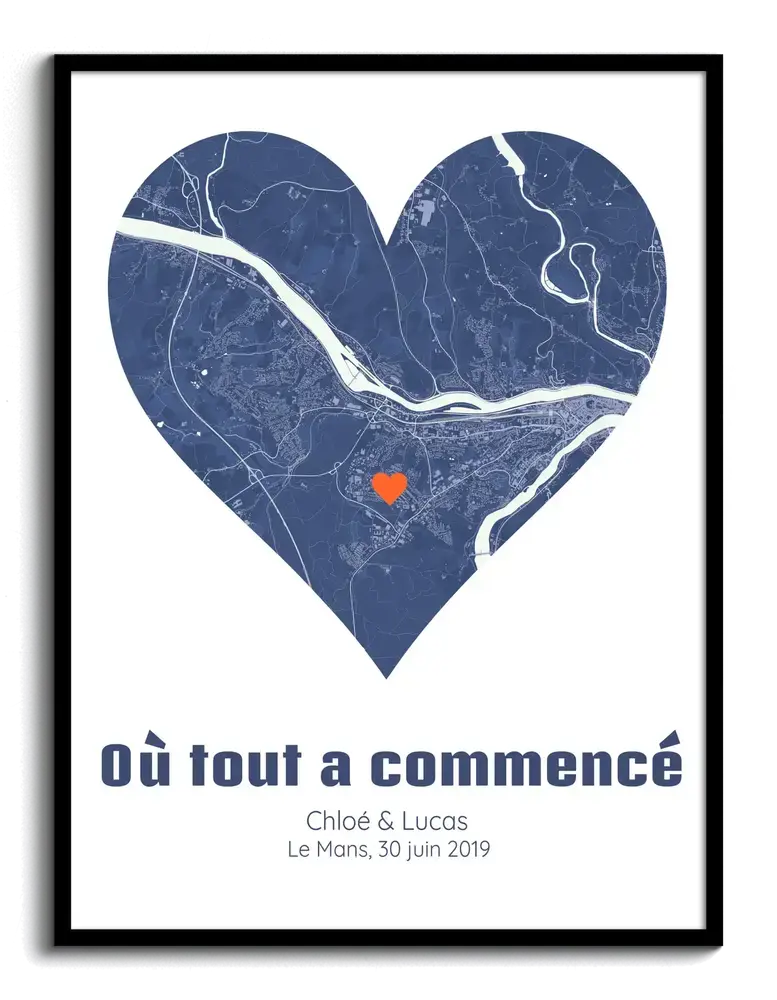 Plan de ville bleu en forme de cœur, encadré en noir, cadeau personnalisé pour la Saint-Valentin