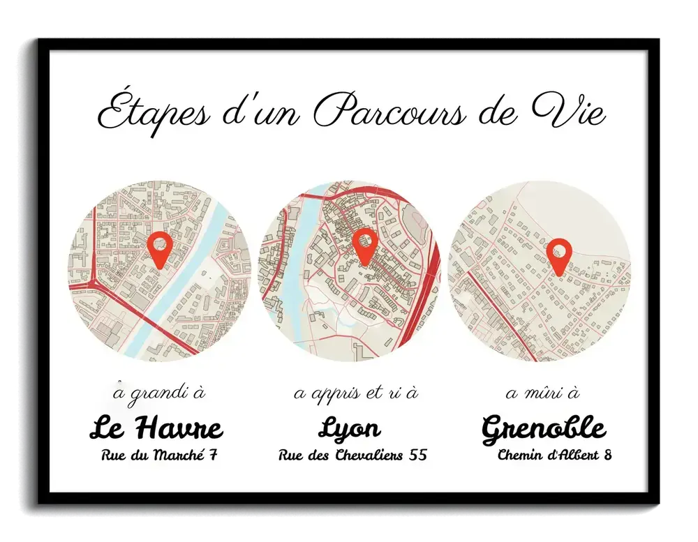 Affiche personnalisée avec trois plans de ville ronds sous cadre noir, un cadeau pour célébrer son couple