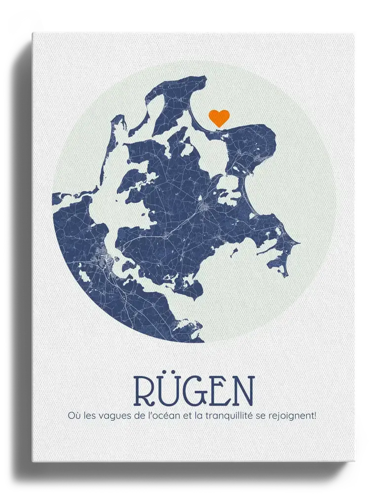 Carte ronde de Rügen sur toile, bleu marine avec un cœur orange, une idée cadeau pour un couple après les vacances