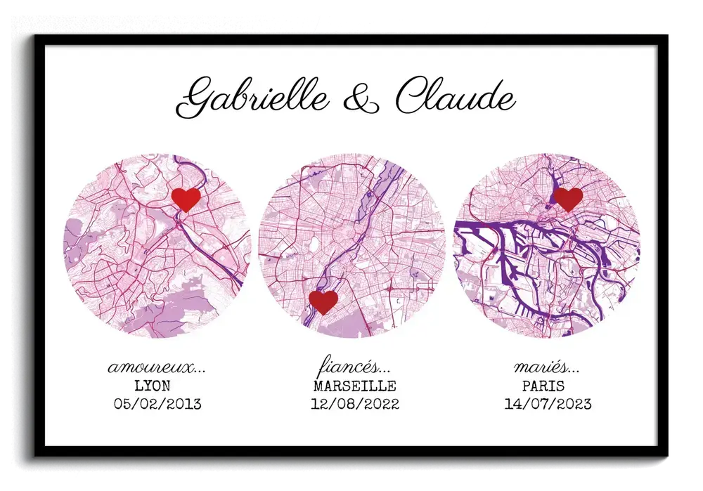 Affiche personnalisée encadrée en noir avec trois plans de ville roses, des repères en cœur et des dates