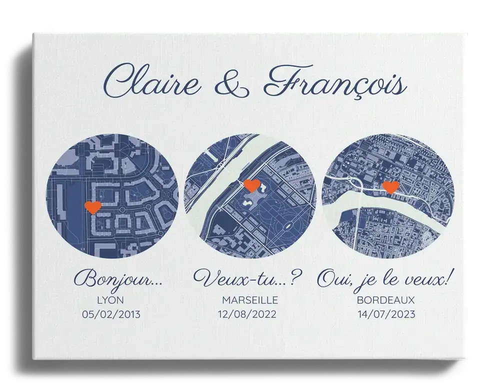 Toile personnalisée aux trois cartes rondes et cœurs orange, présentée sur fond noir, cadeau de mariage
