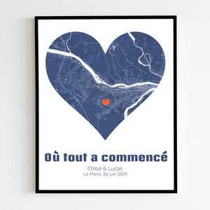 Carte de ville personnalisée en cœur "Là où tout a commencé" - Cadeau pour couples