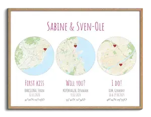 Créez 3 cartes de ville rondes personnalisées – Moments couple: baiser, demande, mariage