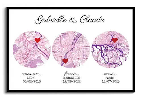 Carte de ville personnalisée rose: "Amour, Fiançailles, Mariage"